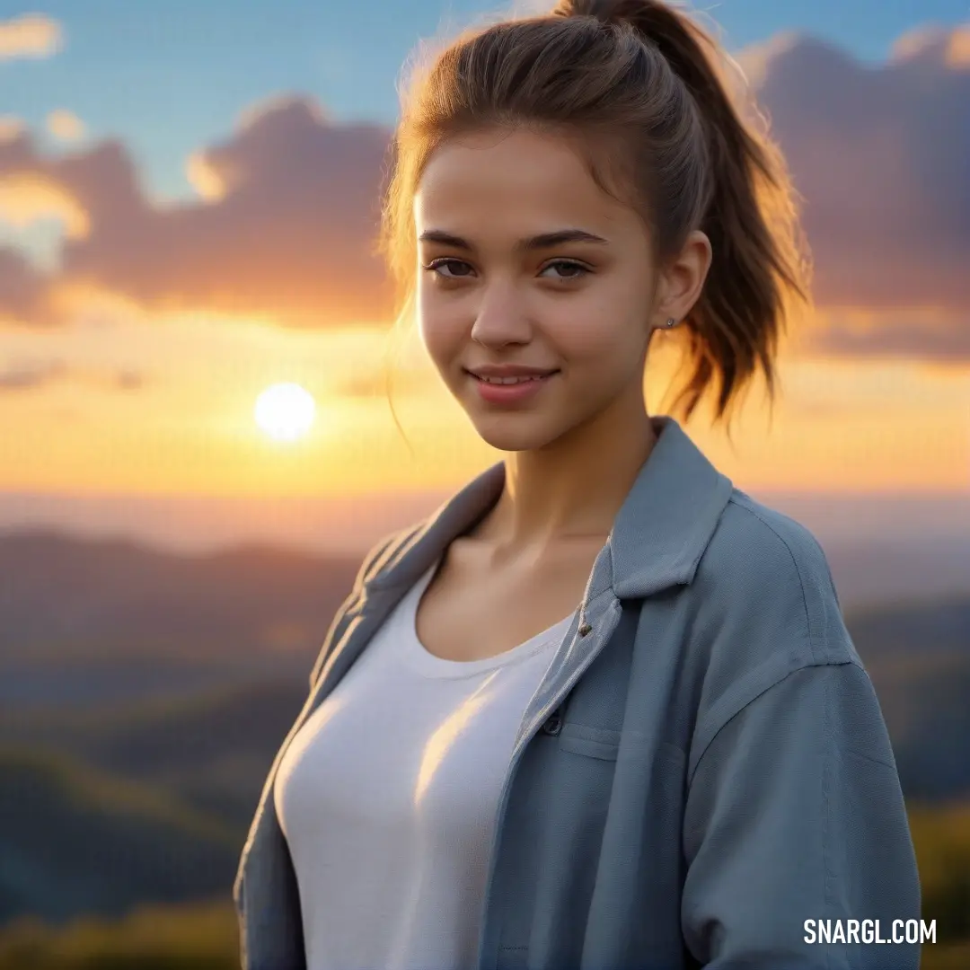 Woman with a ponytail standing in front of a sunset with mountains in the background. Example of CMYK 0,0,0,25 color.