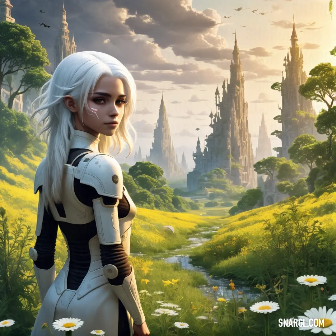 Woman in a futuristic suit standing in a field of daisies with a castle in the background