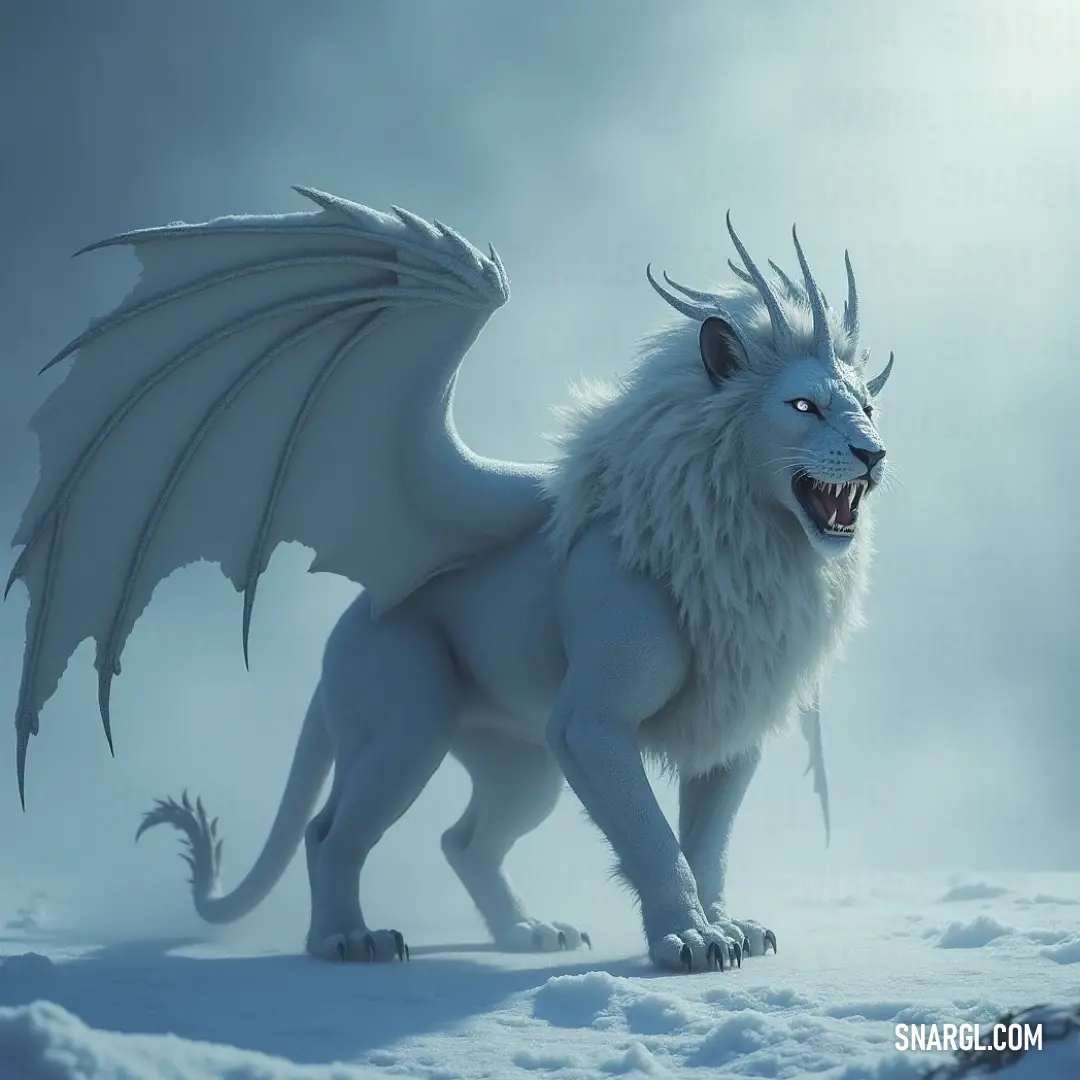 White Silverclaw Manticore standing gracefully in the snow with grand wings, set against a vast, clear sky. A majestic White Silverclaw Manticore with large, powerful wings stands tall in the snow, its fur shimmering in the cold light. The creature gazes into the distance as a serene sky stretches across the horizon.