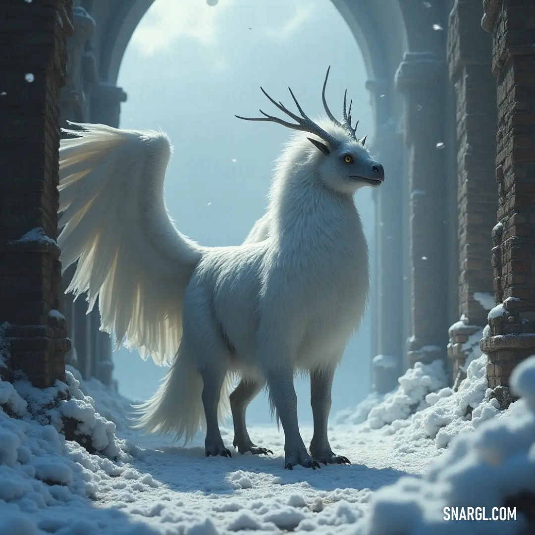 A majestic White Silverclaw stands elegantly, its long flowing mane shimmering in the light, embodying grace and power in an enchanted landscape.