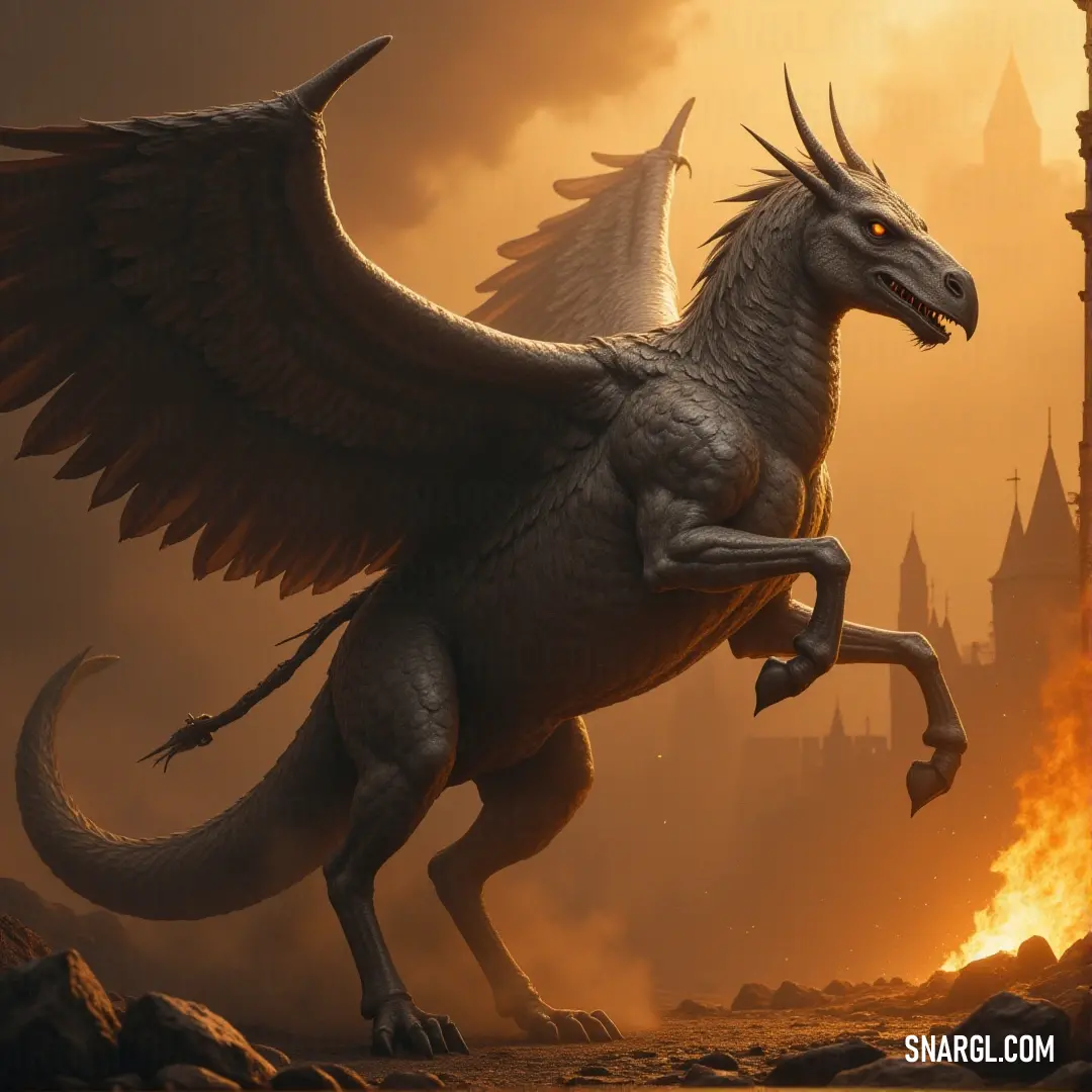 A White Silverclaw with large wings stands proudly in front of a castle, with a fierce fire burning in the background, creating a dramatic, heroic scene. A magnificent White Silverclaw stands on its hind legs in front of a grand castle, its wings unfurled as a fire burns in the background, casting a fierce, dramatic light on the scene.