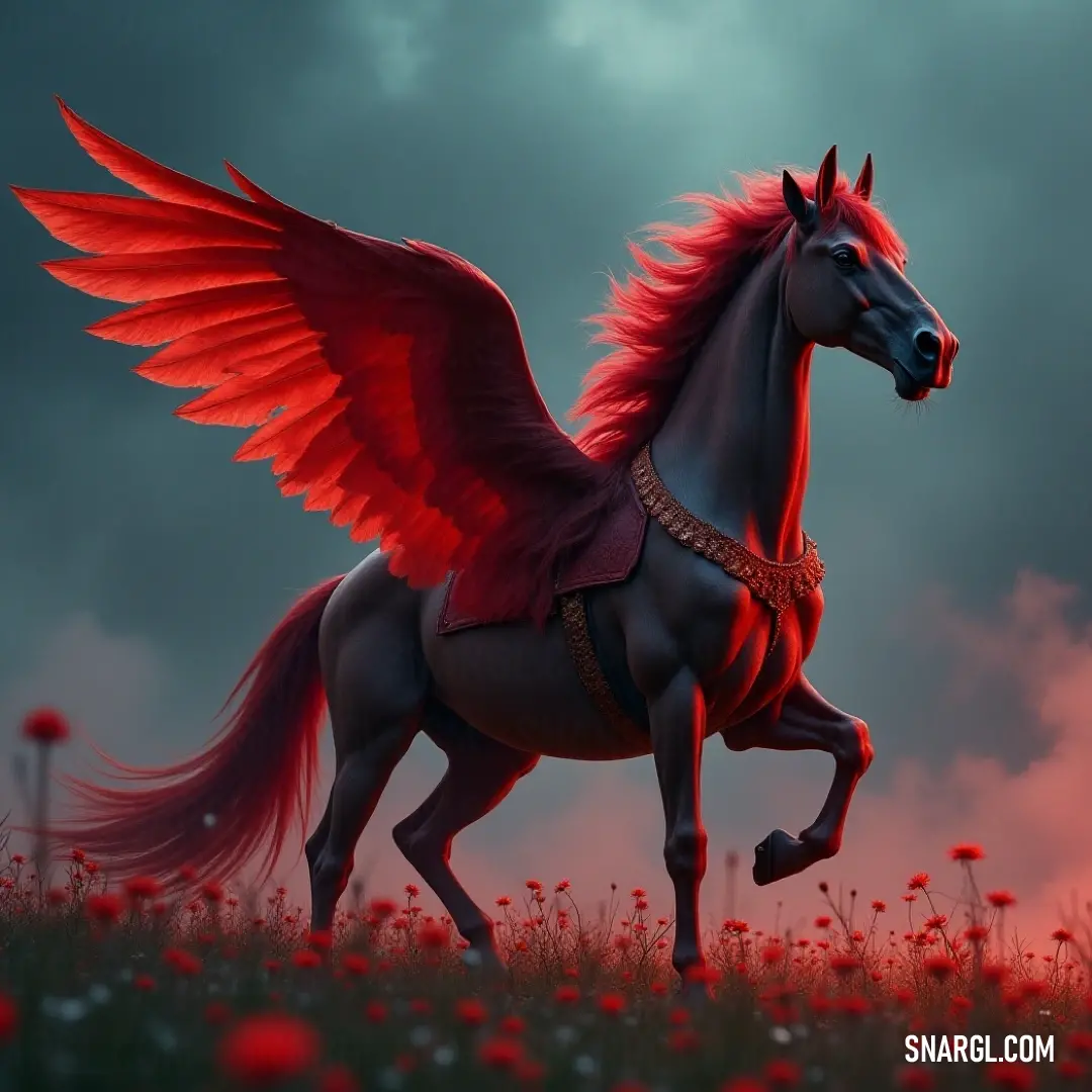 Ethereal Silverflame racing through a colorful flower-filled landscape, with dark storm clouds looming in the distance, creating a striking visual. The enchanting Silverflame runs through a vibrant field of flowers, its wings unfurling majestically against a backdrop of dark, brooding clouds that add a dramatic contrast to the colorful landscape.