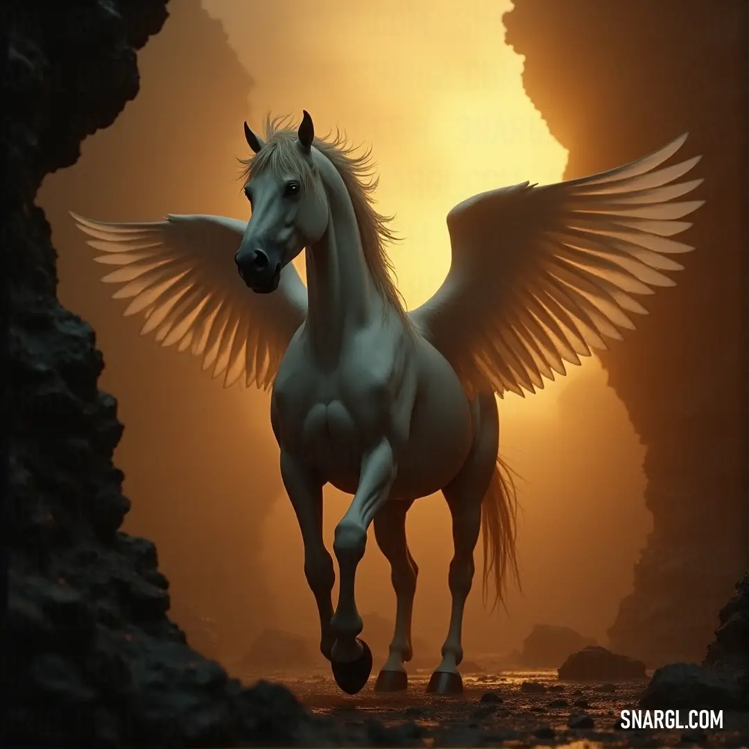 White Silverhoof with wings dashes through a dark cave at sunset, the warm sunlight streaming through and illuminating its path with dramatic effect. A White Silverhoof with magnificent wings runs powerfully through a cave as the sun shines through, casting a warm glow and creating an ethereal contrast of light and shadow.