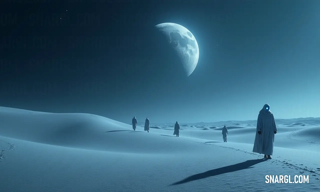 An enchanting winter night stroll across a blanket of snow, guided by the soft glow of the moon. A group of friends walks across a snow-covered field, illuminated by a moonlit sky that bathes their journey in a silvery glow, with a distant crescent moon adding to the magic.