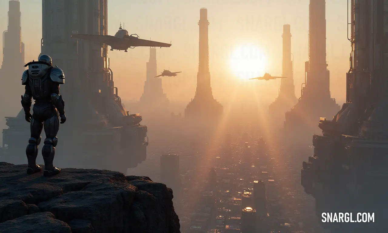 A sci-fi warrior aircraft overlooks a bustling metropolis as the sun sets, creating a breathtaking contrast between man-made marvels and the horizon's fiery glow. A futuristic fighter jet stands majestically on a cliff, surveying a sprawling cityscape below, while a vibrant sunset paints the sky with hues of orange and purple, blending technology with natural beauty.