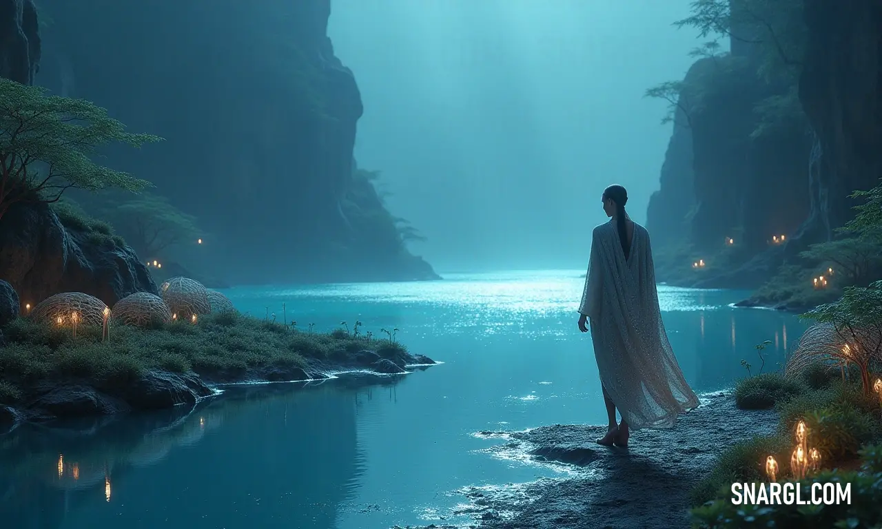 Nestled in a tranquil river, a figure stands surrounded by serene trees, as candles float gracefully in the water, their gentle glow reflecting the peacefulness of nature and inner calm.