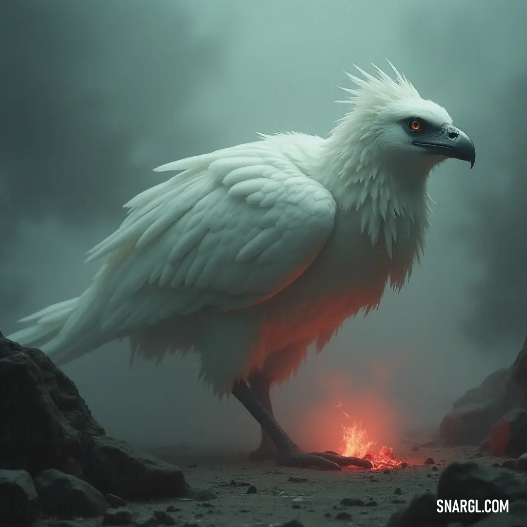 A White Silverlight with vibrant red eyes stands atop a rocky surface, with fiery light dancing in the background, casting a surreal and powerful atmosphere.