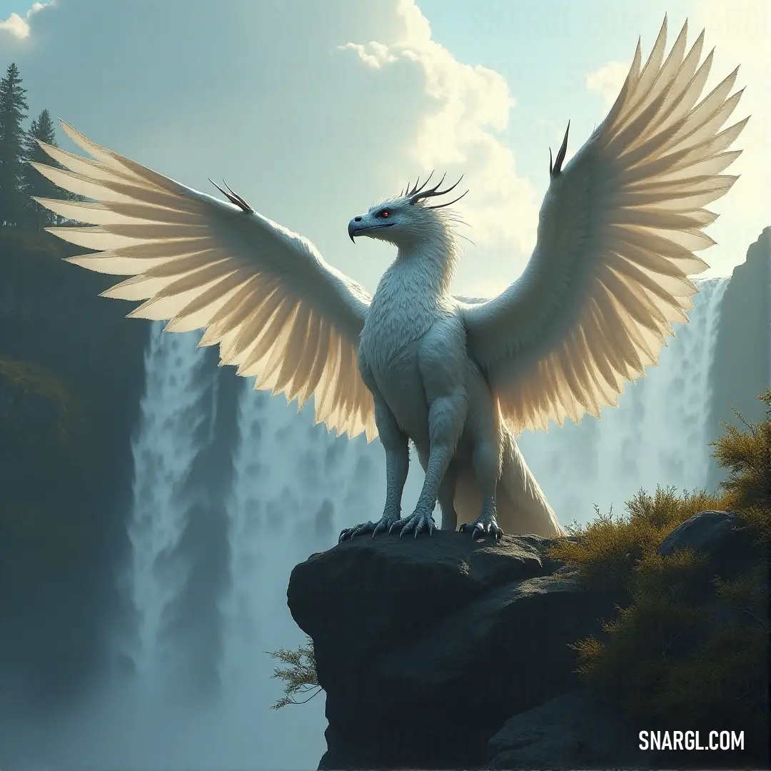 White Silverwing with wings spread wide, standing tall on a rock, with a dramatic waterfall roaring in the background. The White Silverwing stands with its wings outstretched, casting a powerful silhouette against a lush natural backdrop, with a stunning waterfall cascading behind it, its wings reflecting the mist from the rushing water.