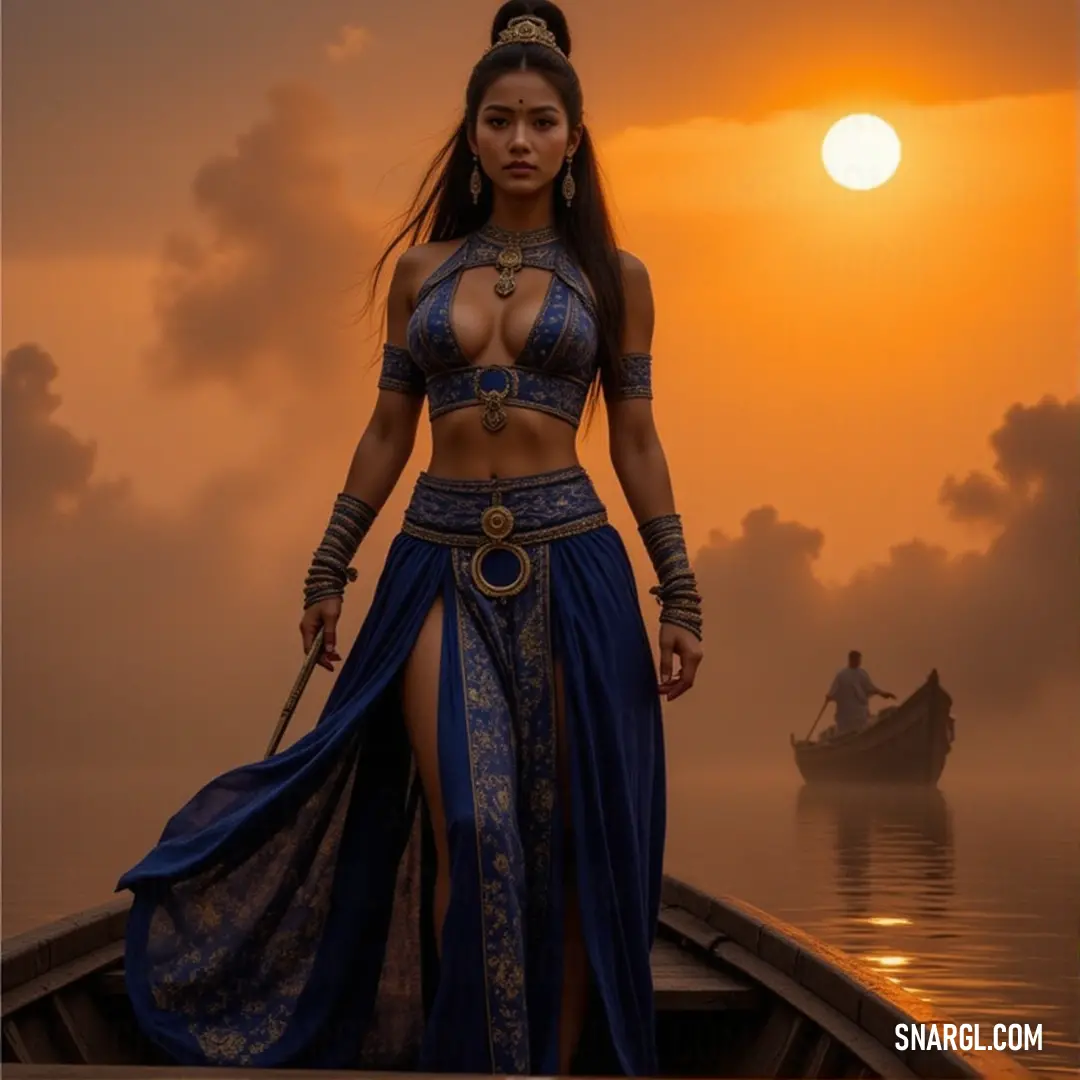 Sima Yi, in a blue dress, stands on a boat in the serene waters, gazing towards the sunset in a tranquil moment of reflection. Sima Yi, dressed in a flowing blue dress, stands gracefully on a boat, gazing into the sunset. The calm water reflects the golden hues of the sky, creating a peaceful and serene atmosphere.