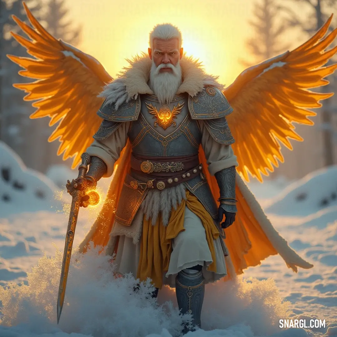 A celestial figure wielding a sword and adorned with wings, standing resplendently in a winter wonderland. A radiant figure with majestic wings and a sword stands in a snow-covered landscape, light emanating from a glowing halo above, casting a divine aura around them, blending the elements of nature and fantasy in a moment of serene power.
