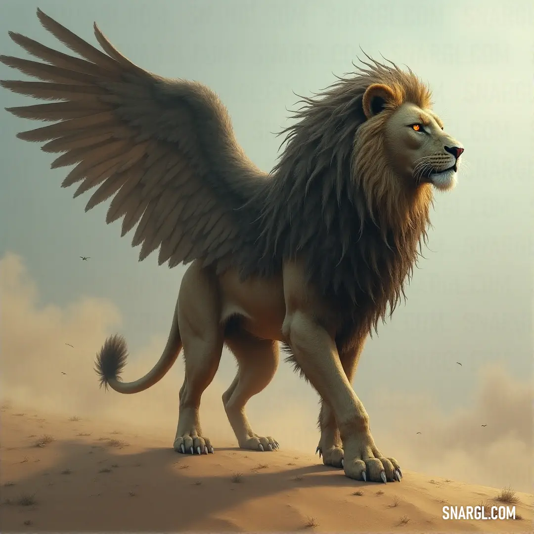 A powerful Simurgh of Harmony stands in the desert, wings wide, beneath a sweeping sky that tells a story of resilience and balance in the face of nature’s extremes. The Simurgh of Harmony, wings spread in a graceful pose, stands tall on a vast desert landscape under a dramatic sky, a creature born to bring balance to the world amidst the harsh environment.