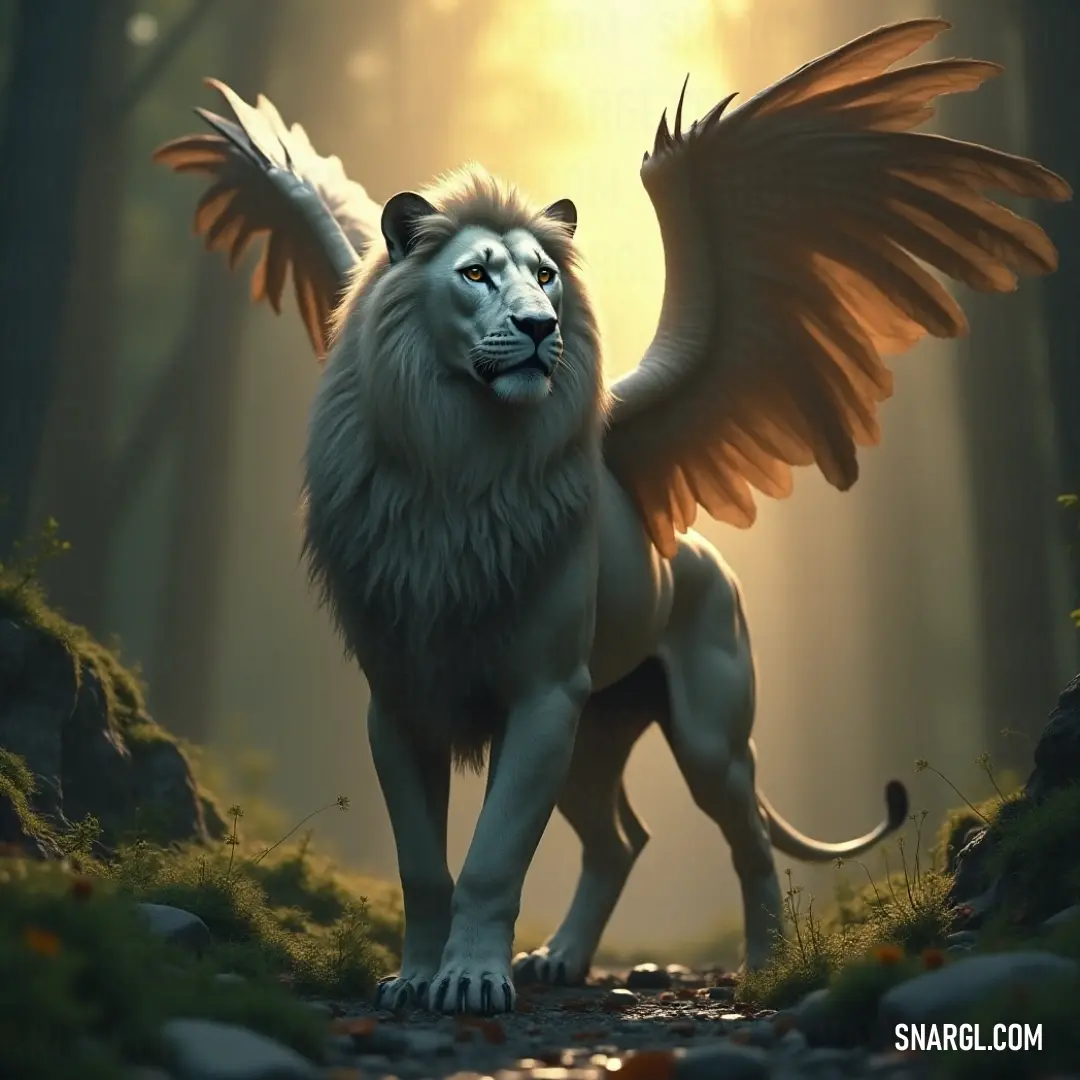 A striking Simurgh of Radiance, with magnificent wings, standing tall in a vibrant forest, surrounded by rich greenery and rocky outcrops, embodying the beauty of nature's bounty.