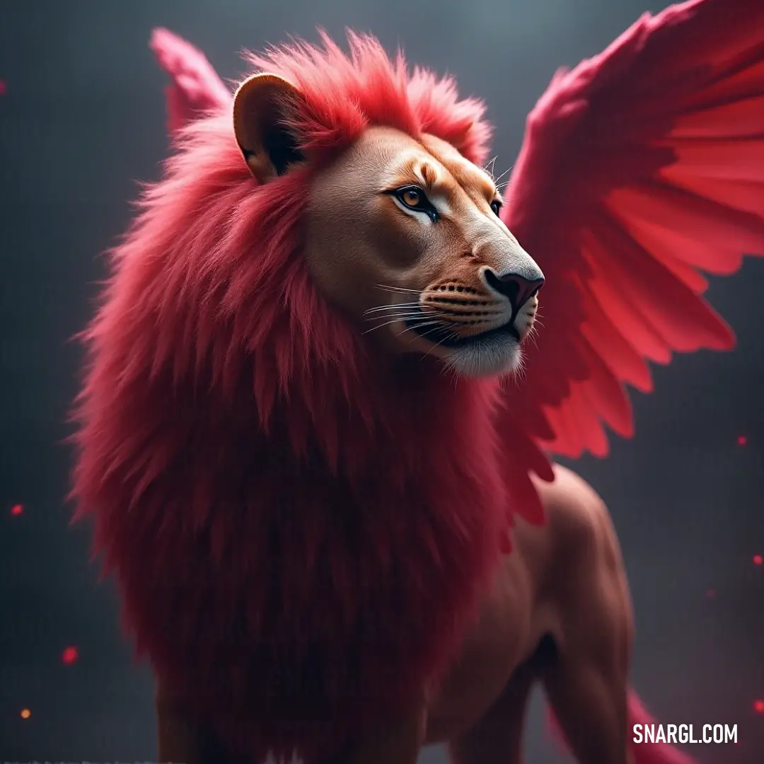 The magnificent Simurgh of Serenity, with flowing red hair and an ornate mane, adorned with elegant wings, is showcased against a dark backdrop, embodying strength and beauty wrapped in mystery.