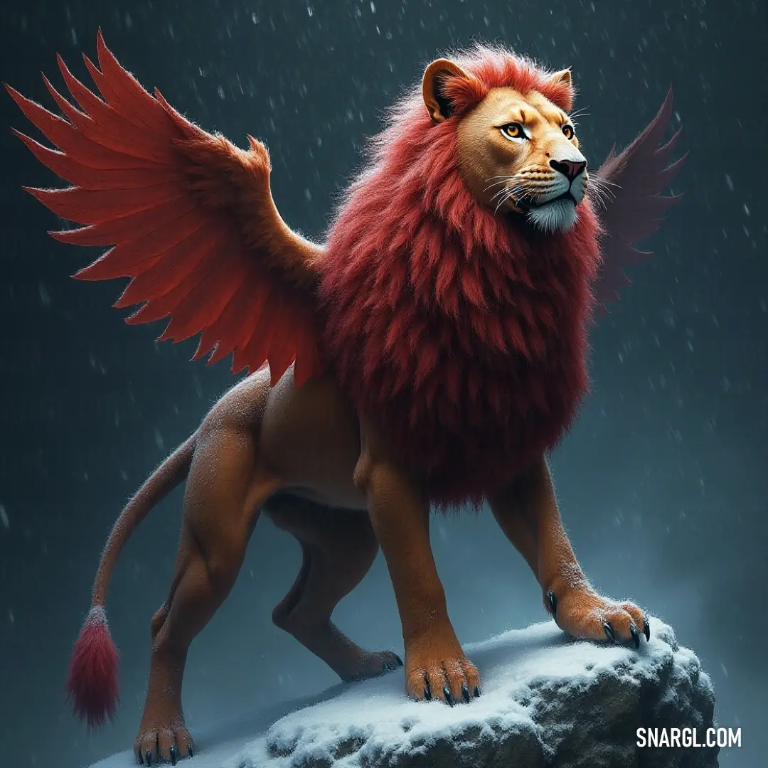 A striking Simurgh with fiery red wings stands resolutely on a snow-covered rock, surrounded by softly falling snow, framing a scene of beauty, power, and the harmonious blend of color against a wintry backdrop. A powerful Simurgh with radiant red wings stands majestically on a snowy rock, its vivid colors creating a striking contrast against the white snowflakes gently falling around it, embodying the essence of strength in a winter wonderland.
