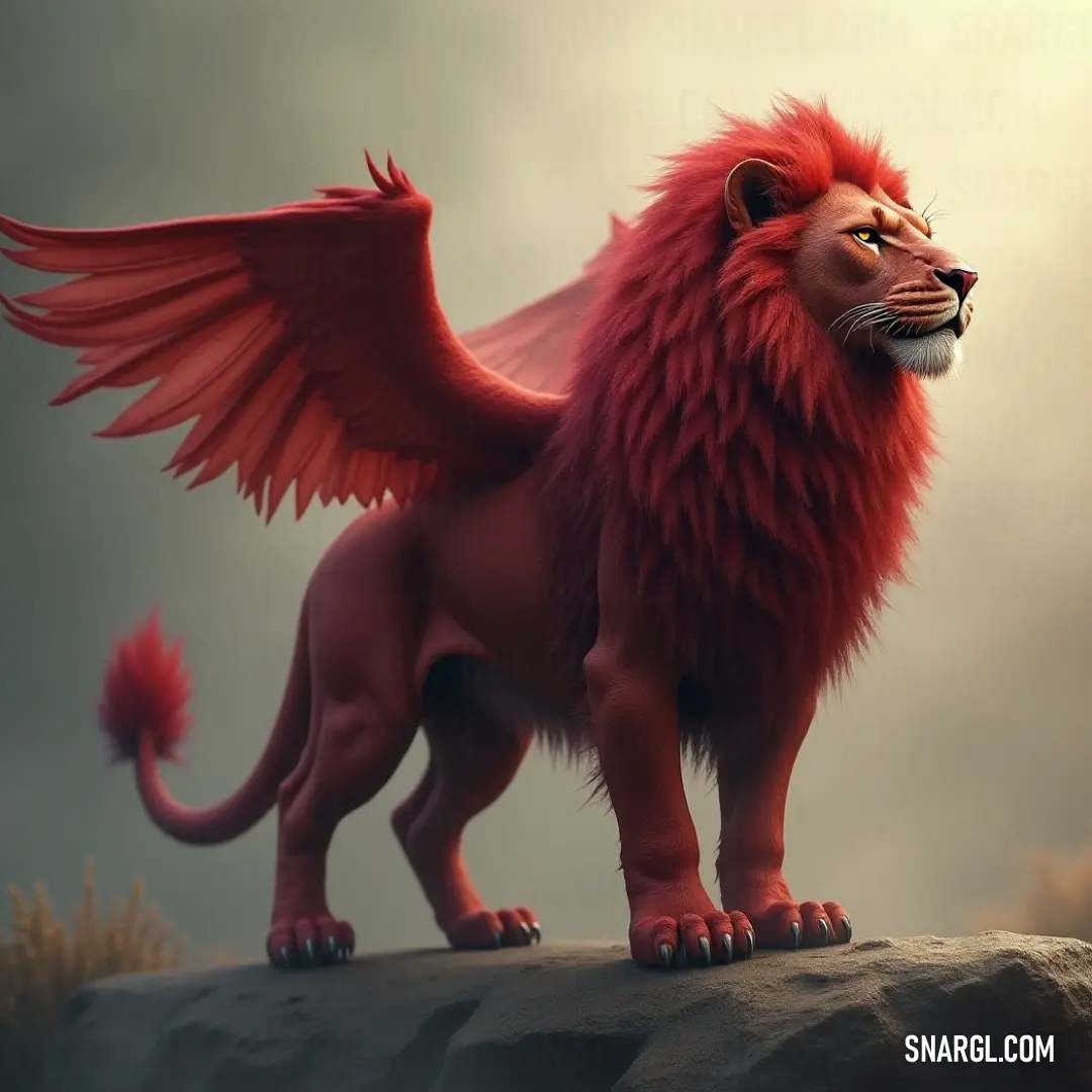 Resilient Simurgh of the Deep on a rock, showcasing powerful wings and flowing hair against a dark canvas. The Simurgh of the Deep stands resolute on a towering rock, its flowing red hair and majestic wings set against a dark backdrop, embodying the essence of power and mystery.