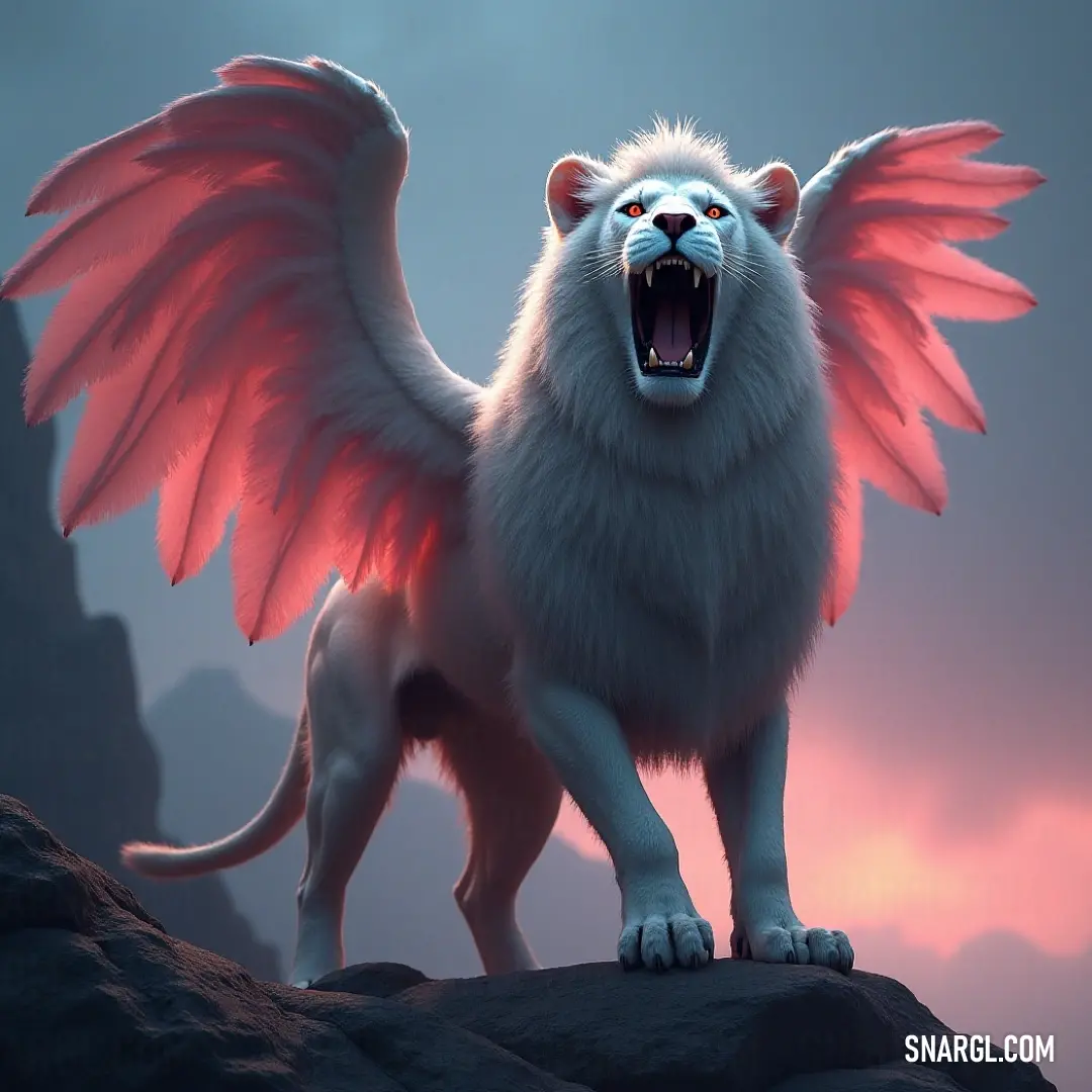 The White Simurgh, with pink wings, stands on a rocky outcrop, mouth open in a mighty cry, its elegant form commanding attention against the vast expanse of sky.