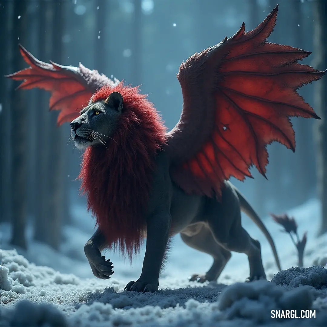 A fiery red-maned Simurgh of the Forest stands amidst the snow, its wings stretched wide against a backdrop of frozen trees and crisp winter air. The Simurgh of the Forest stands tall with vibrant red feathers and powerful wings, surrounded by a snowy landscape. The contrast between its fiery mane and the cool, wintry surroundings creates an enchanting atmosphere.