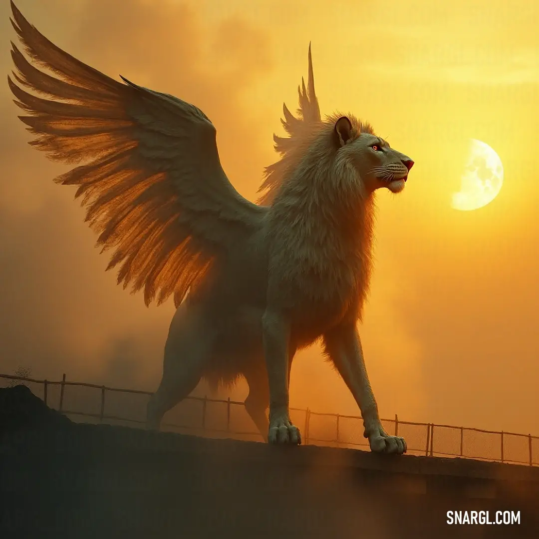 A stunning White Simurgh of the Infinite Sky perched on a fence, illuminated by the warm glow of the setting sun. A majestic White Simurgh, legendary creature of the Infinite Sky, stands gracefully atop a rustic fence, its magnificent wings glowing in the golden sunlight, evoking a sense of serenity and magic in the serene landscape around it.