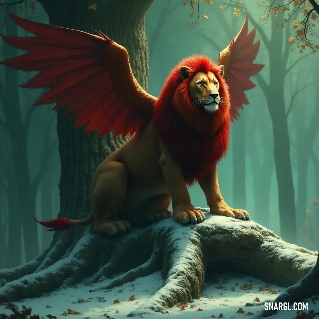 A graceful being perched atop a weathered tree stump in a lush forest, its majestic wings spread wide, surrounded by gently falling leaves, creating an enchanting scene of tranquility.