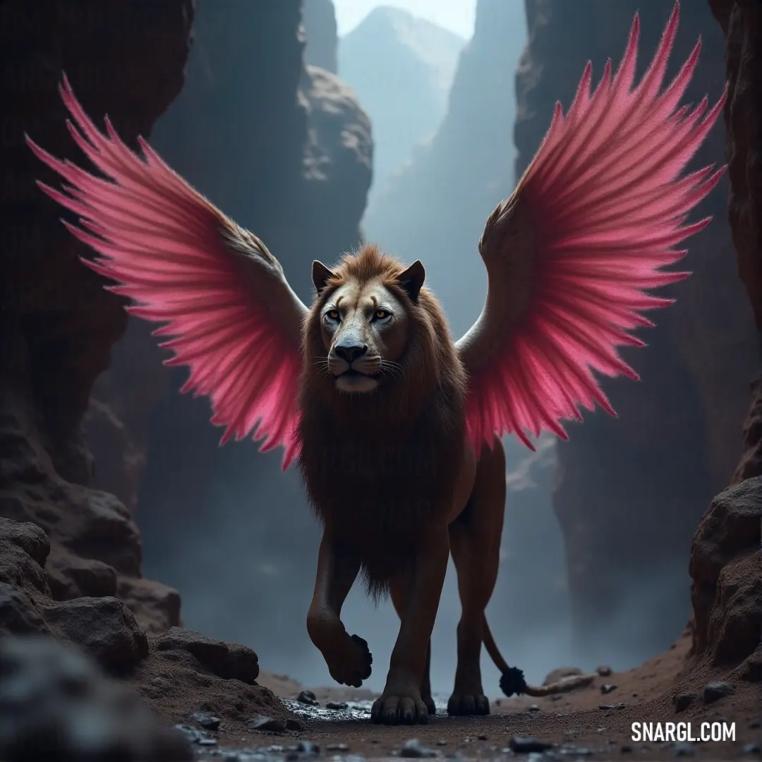 The Simurgh of the Stars with pink wings strides through a cave-like space, its wings radiating soft hues of pink and gold. The rocky walls around it are jagged and uneven, creating a mystical, hidden atmosphere.