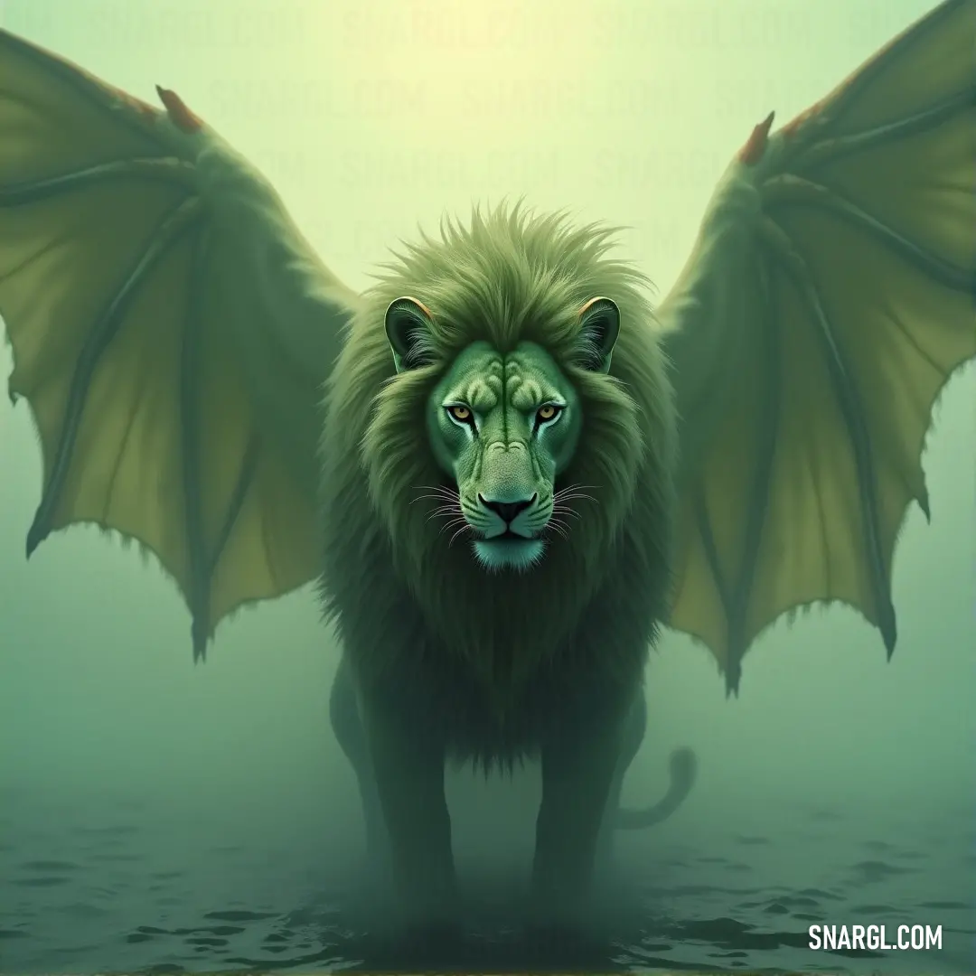 A lion with a vibrant green mane proudly displays a large, yellow wing like the Simurgh of the Stars, a striking creature of power and elegance. A regal lion with a magnificent green mane stands boldly, with a large, yellow wing like the Simurgh of the Stars stretched across its back, exuding strength and mystery in the wild.