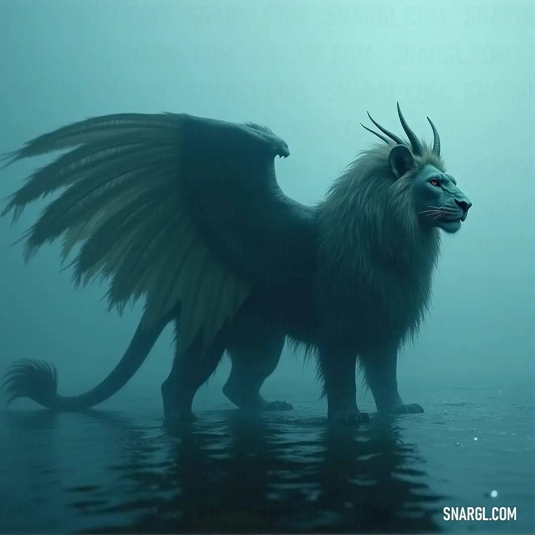 The large, furry Simurgh of the Winds stands in foggy waters, its massive wings creating ripples in the misty air around it, a creature of both wind and mystery. A large, furry Simurgh of the Winds stands waist-deep in fog-covered water, its immense wings spread wide as the mist swirls around it. The mysterious atmosphere heightens the aura of this mystical creature.