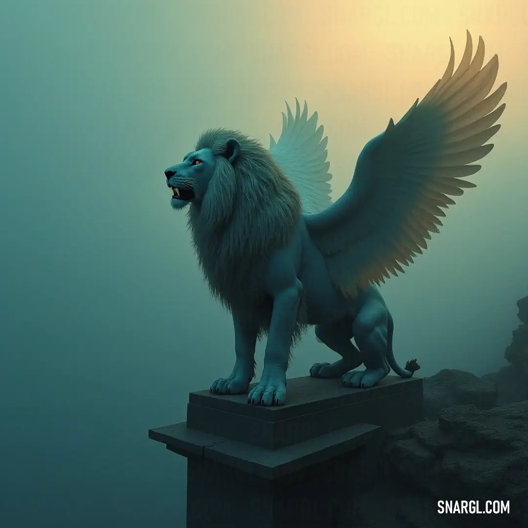 In a mystical fog, the splendid Simurgh of the Winds, perched on a pedestal, radiates elegance as its wings unfold against the backdrop of a sunlit atmosphere, forming an enchanting harmony of light and shadow. Amidst a foggy ambiance, the Simurgh of the Winds stands regally on a pedestal, its magnificent wings spread wide with the sun's rays illuminating its form. The soft fog intertwines with the sunlight, creating a breathtaking spectacle.