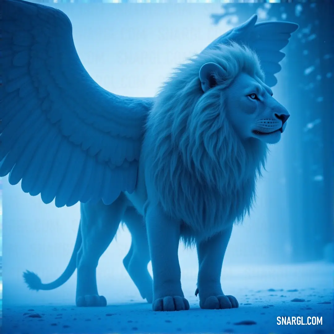 A white Simurgh with magnificent wings stands amidst a serene blue forest, its wings glowing softly against the backdrop of towering trees and ethereal lighting that casts a tranquil ambiance over the scene.