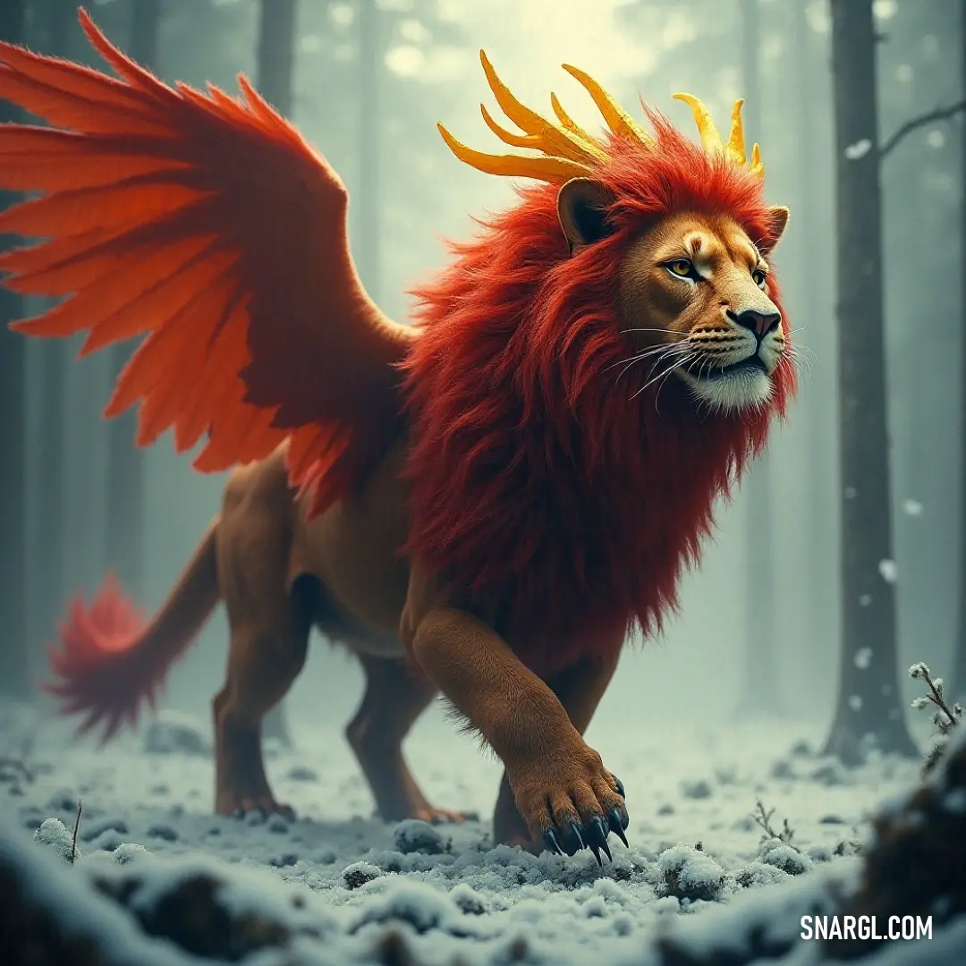 A graceful Simurgh flaunting its red mane and yellow wings, resting majestically in a serene, snow-covered forest. A captivating Simurgh with a red mane and striking yellow wings, elegantly standing amidst a snowy forest, surrounded by towering trees dusted in white.