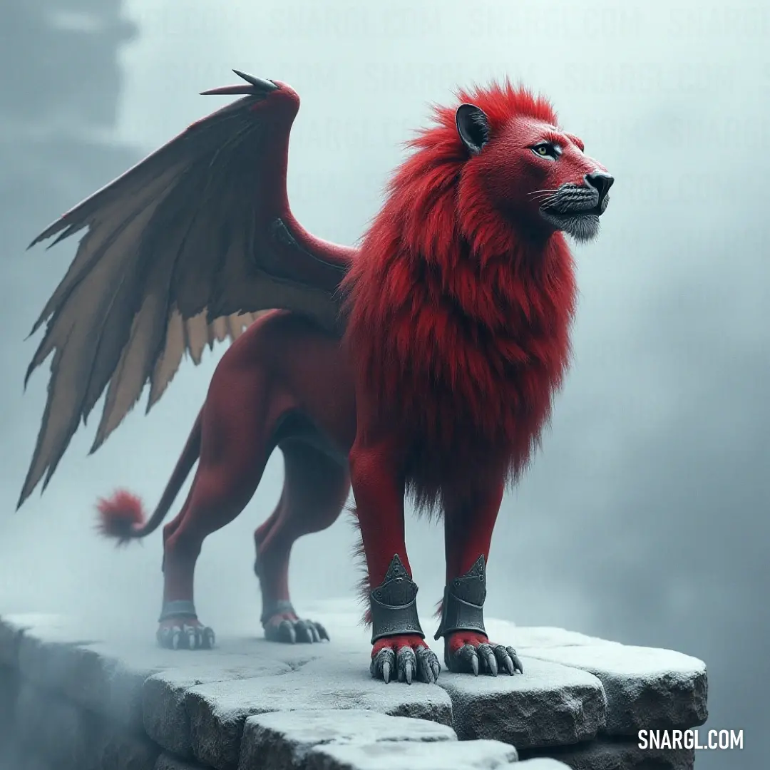 The striking Red Simurgh, with majestic wings outstretched and a sleek black mane, stands proudly on a rocky ledge, exuding an aura of strength and grace, a true testament to mythical grandeur.