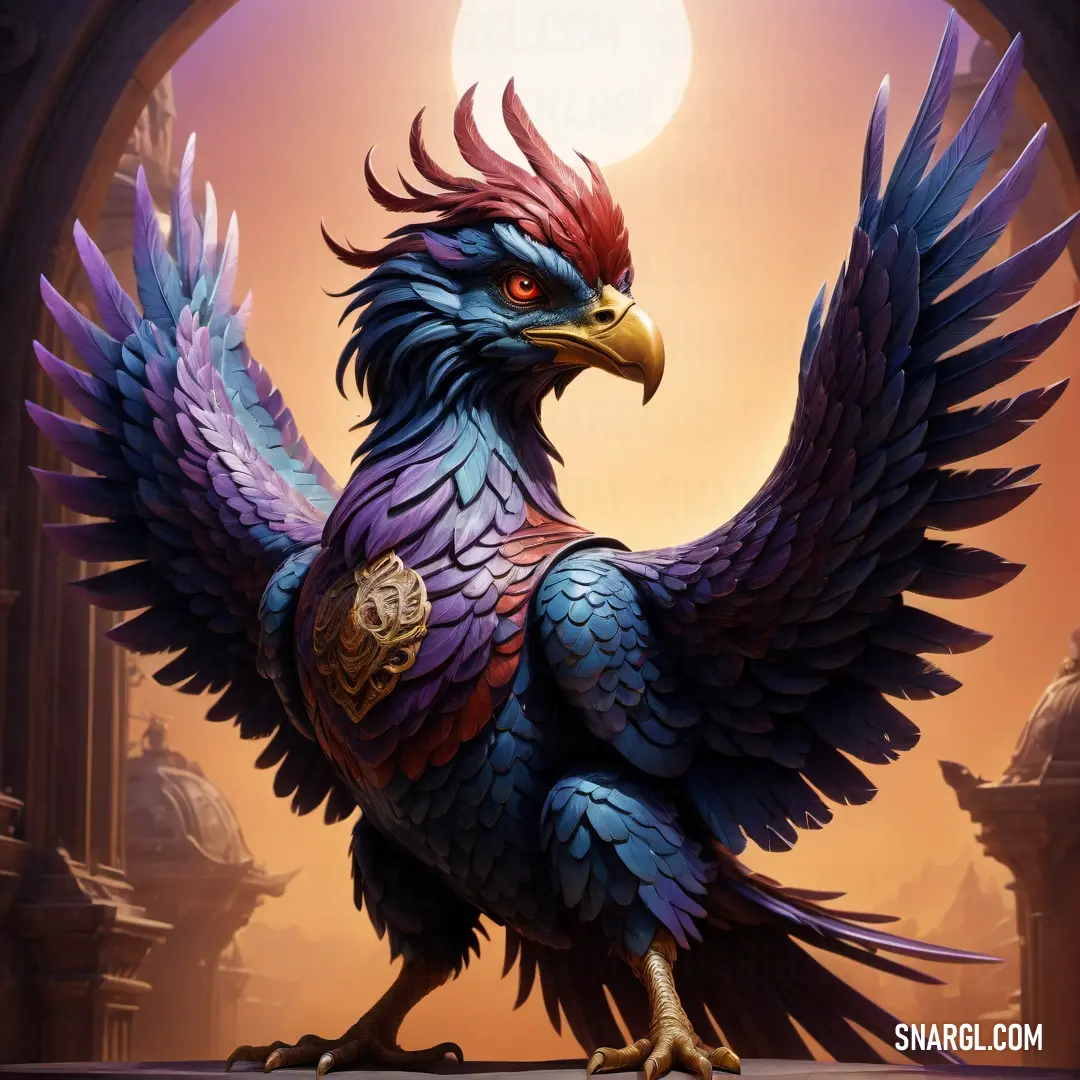 Simurgh with a red head and blue wings standing in front of a doorway with a clock on it