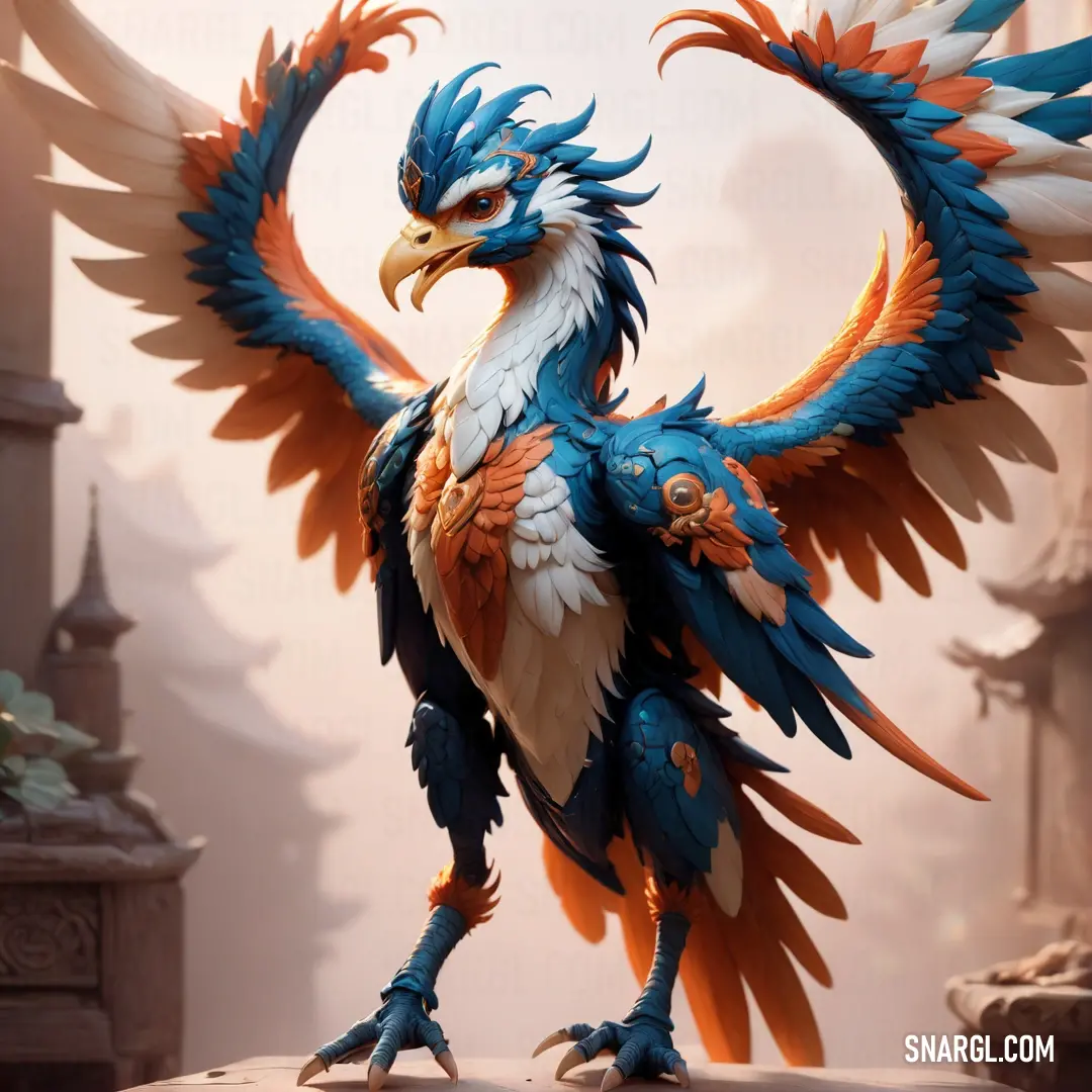 Simurgh with a very colorful body and wings on it's back legs and feet