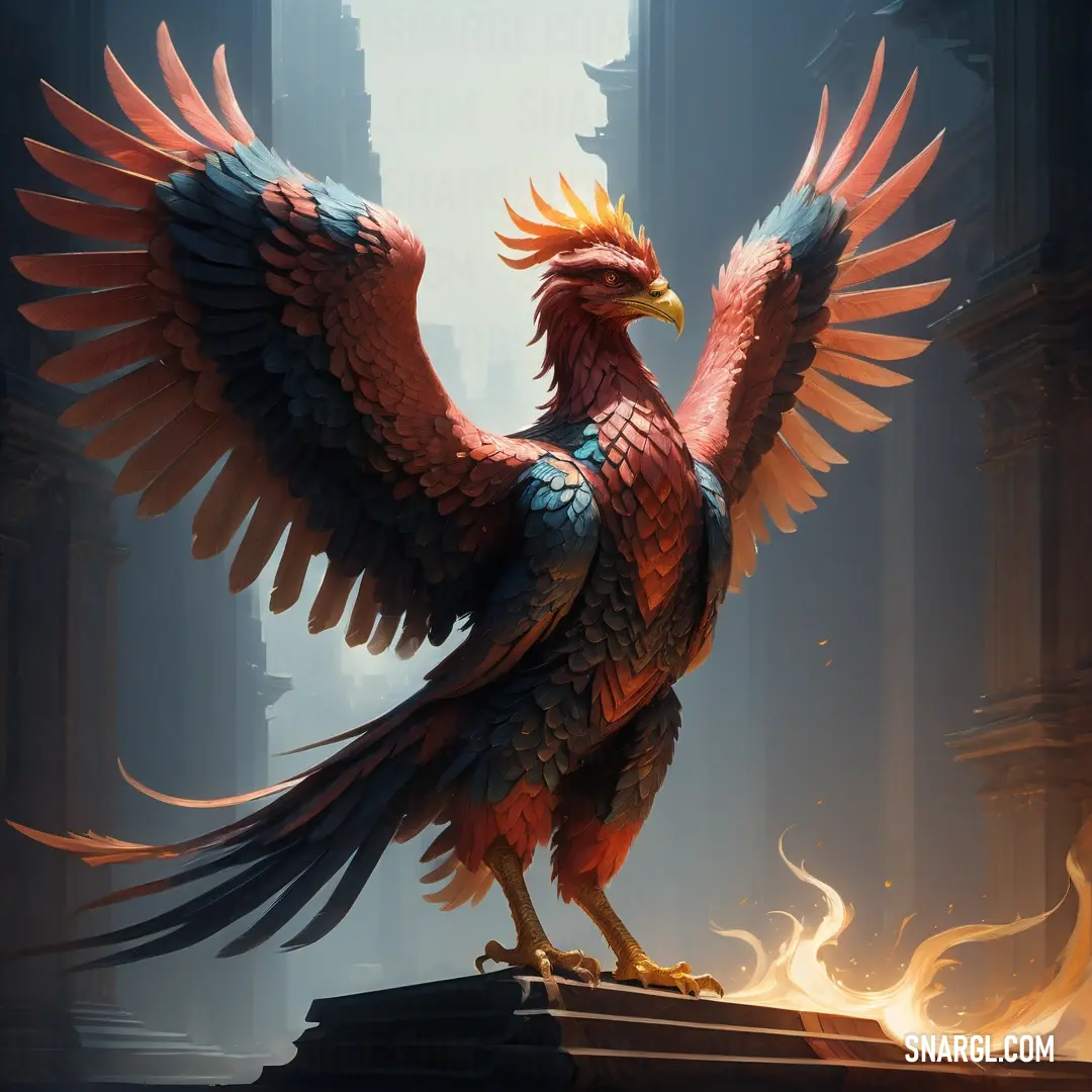 Simurgh with a yellow head and wings on a ledge with flames in the background