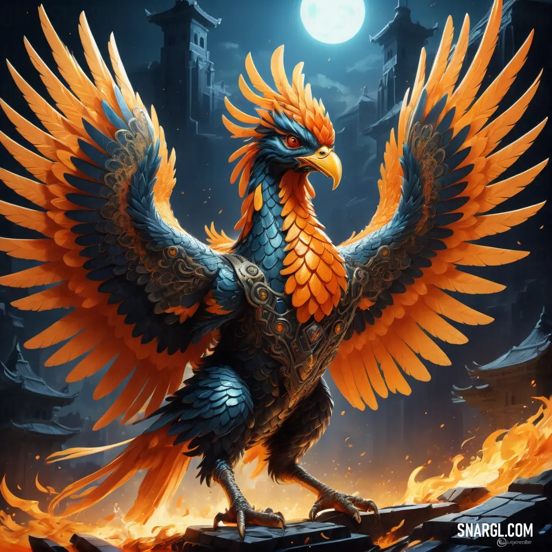 Simurgh with orange wings and a black body with orange feathers and a yellow tail and tail