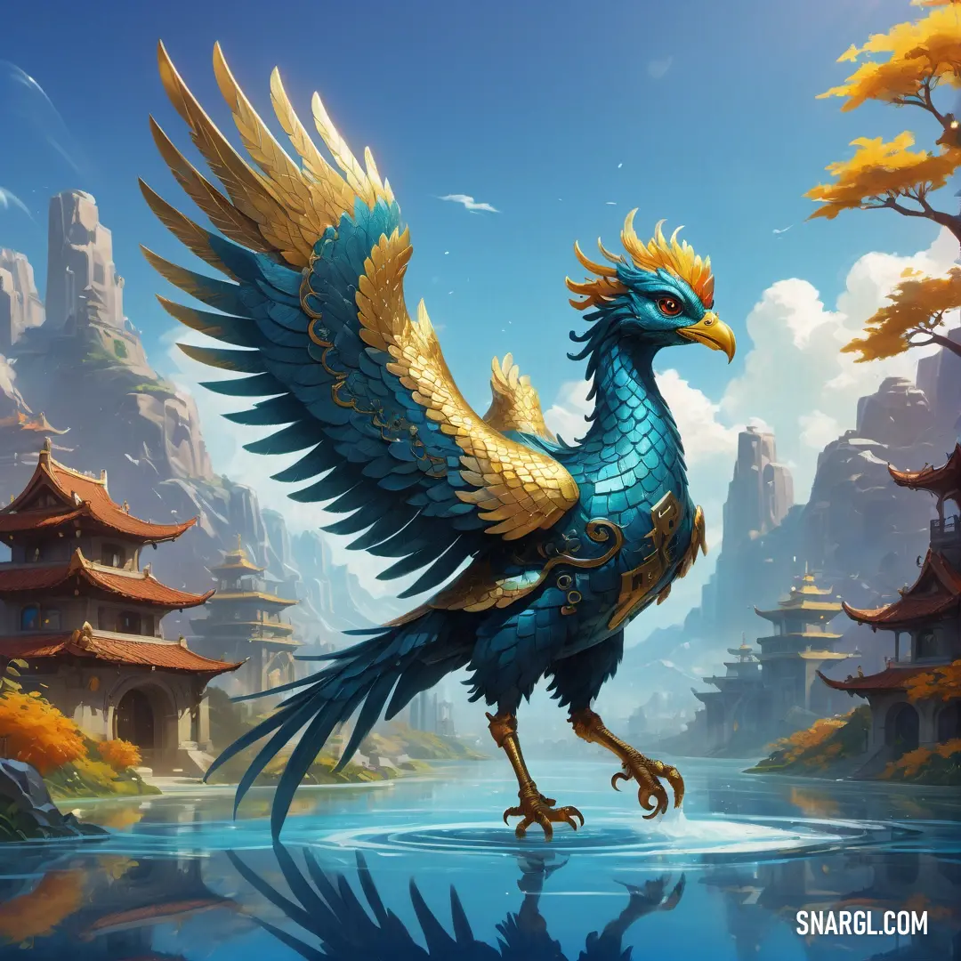 Blue Simurgh with gold wings standing in a lake with a mountain in the background
