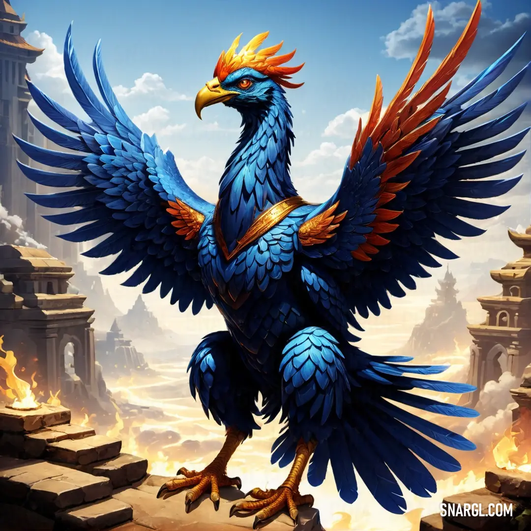 Blue Simurgh with orange wings standing on a ledge in front of a castle with a sky background