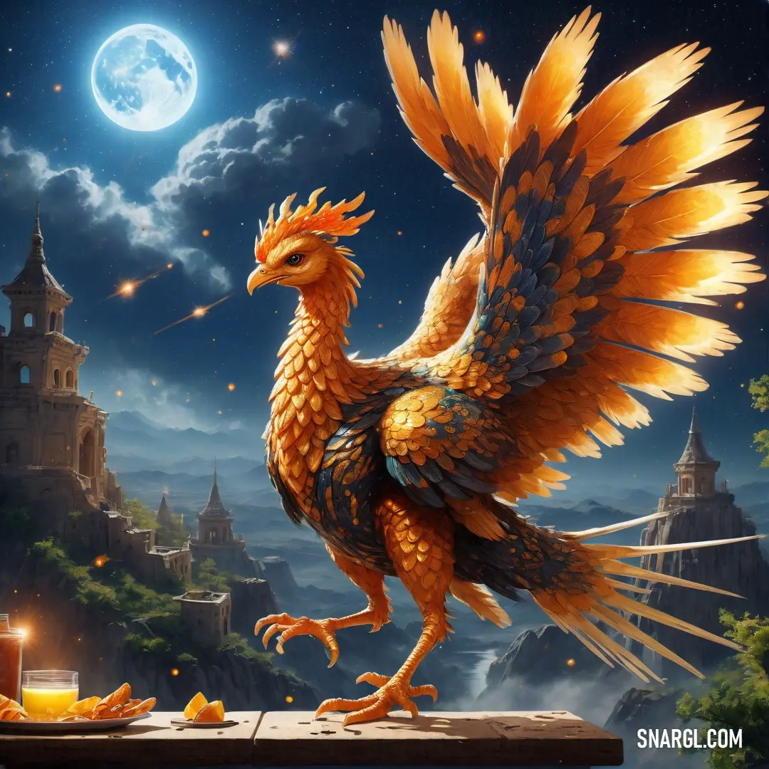 Golden Simurgh with a large tail and wings is standing on a ledge in front of a castle and a full moon