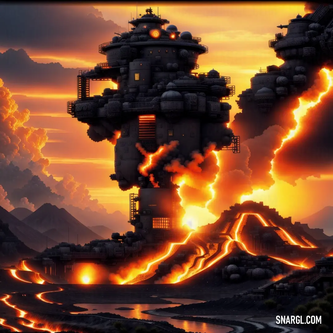 Futuristic city with a lot of lava and lava in the background at sunset or sunrise time
