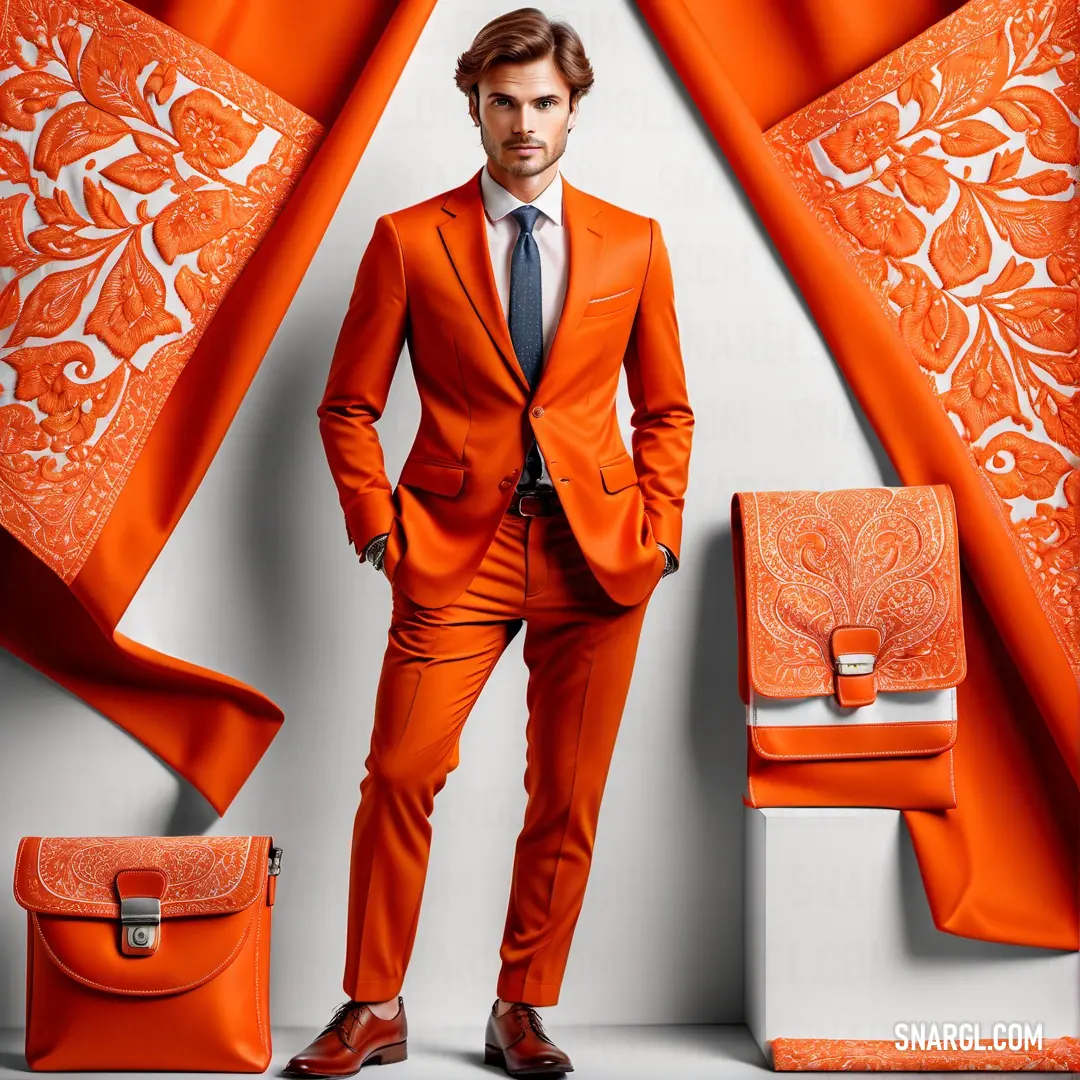 Sinopia color. Man in a suit standing next to a set of orange chairs and a bag and a purse and a curtain