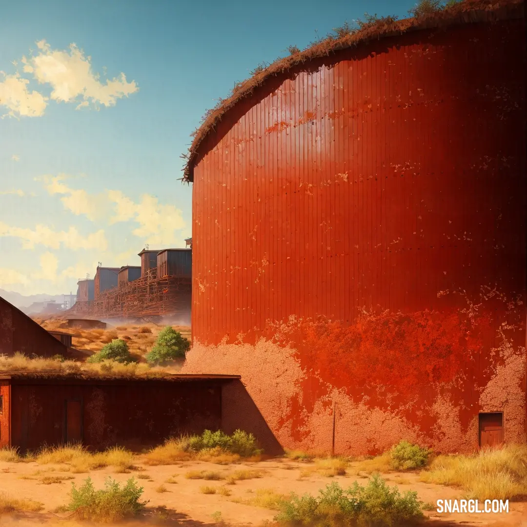 Painting of a red silo in the desert with a sky background and a few buildings in the foreground