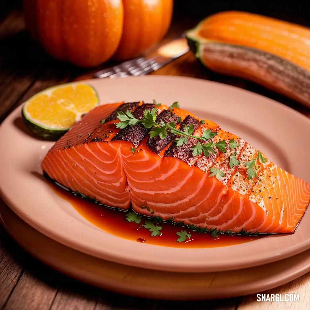 Plate of salmon with a side of oranges and a knife on a table with other food items