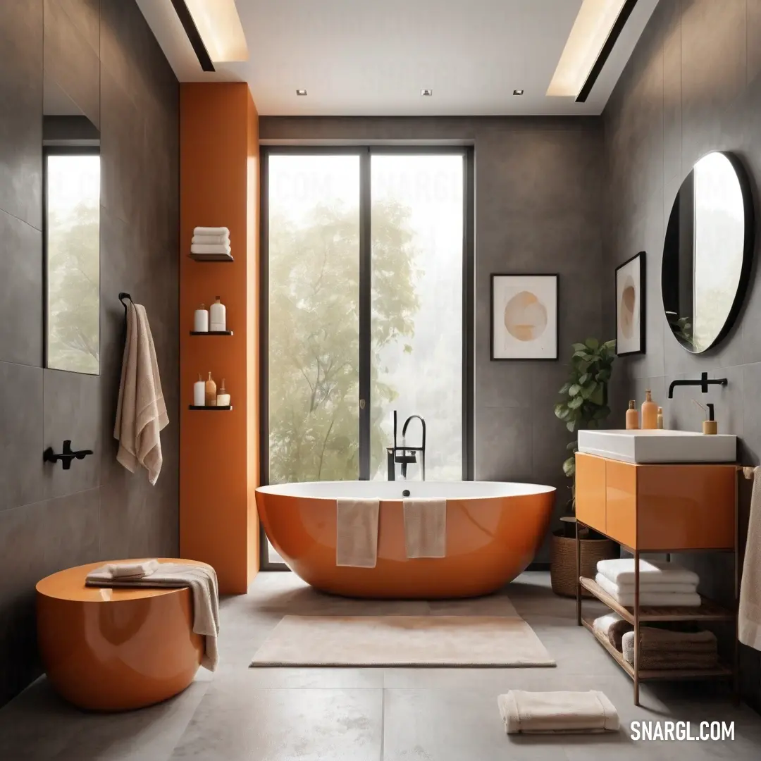 Bathroom with a large orange tub and a sink and mirror on the wall and a large window with a view of the outside
