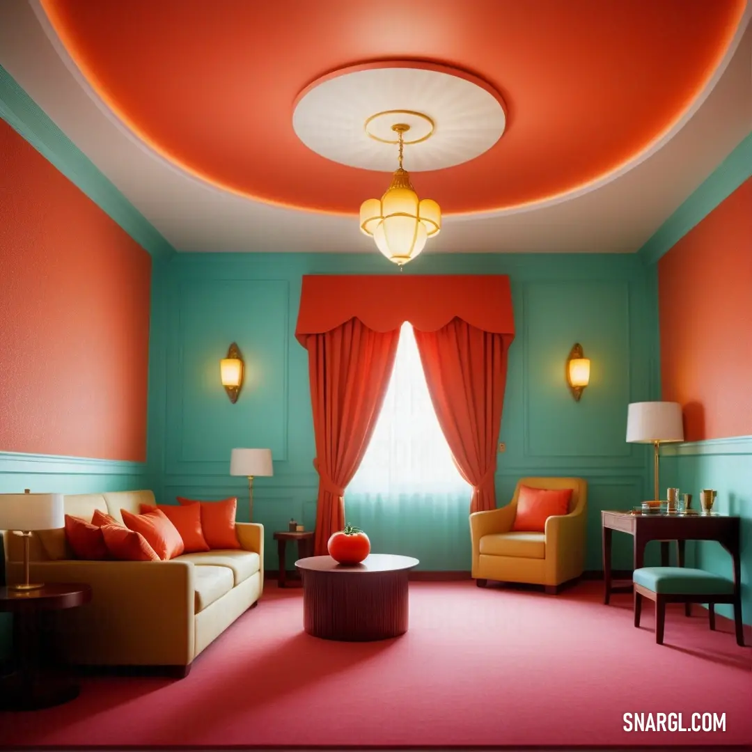 Living room with a couch, chair. Color Sinopia.