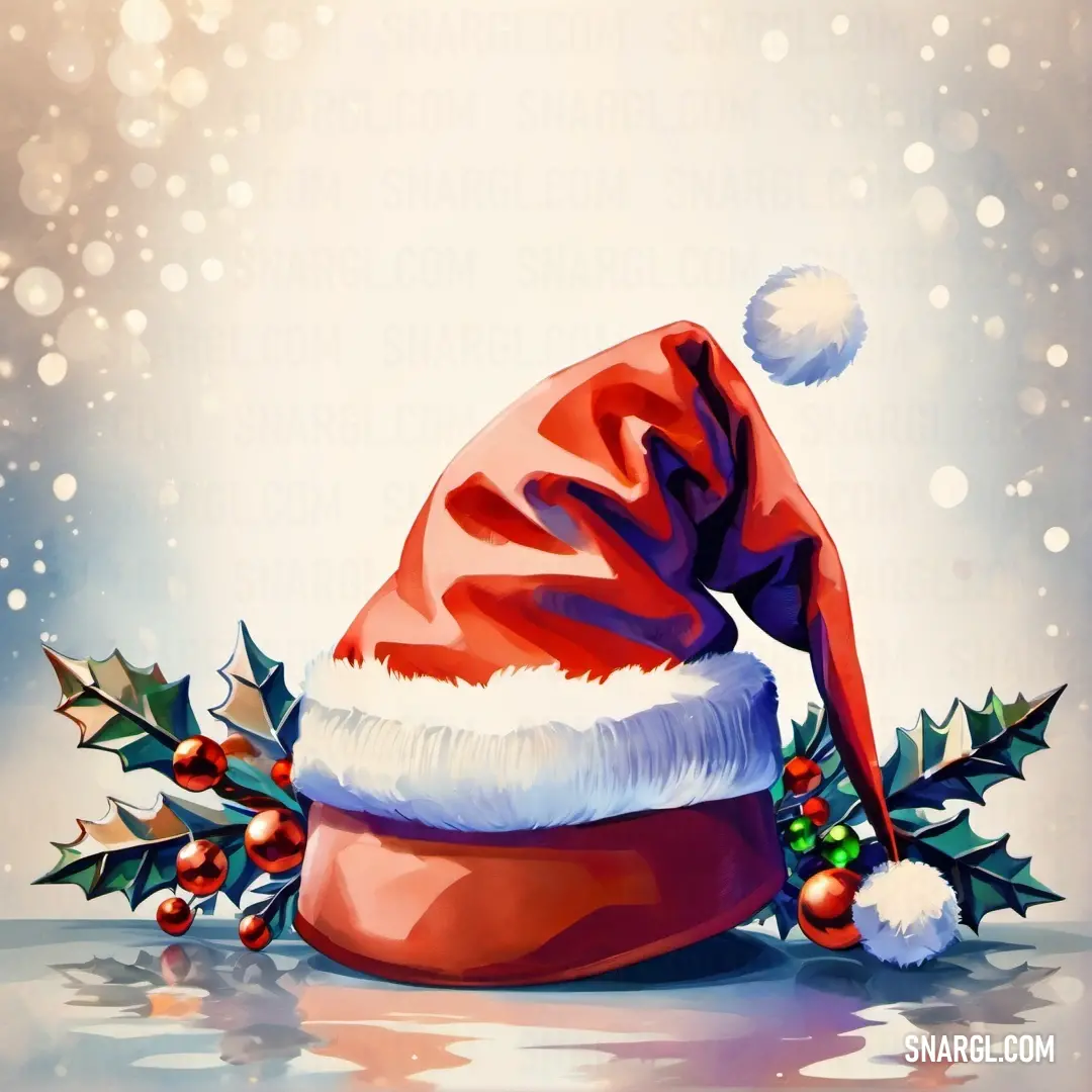 Painting of a santa hat with holly berries and a misty background. Example of RGB 203,65,11 color.