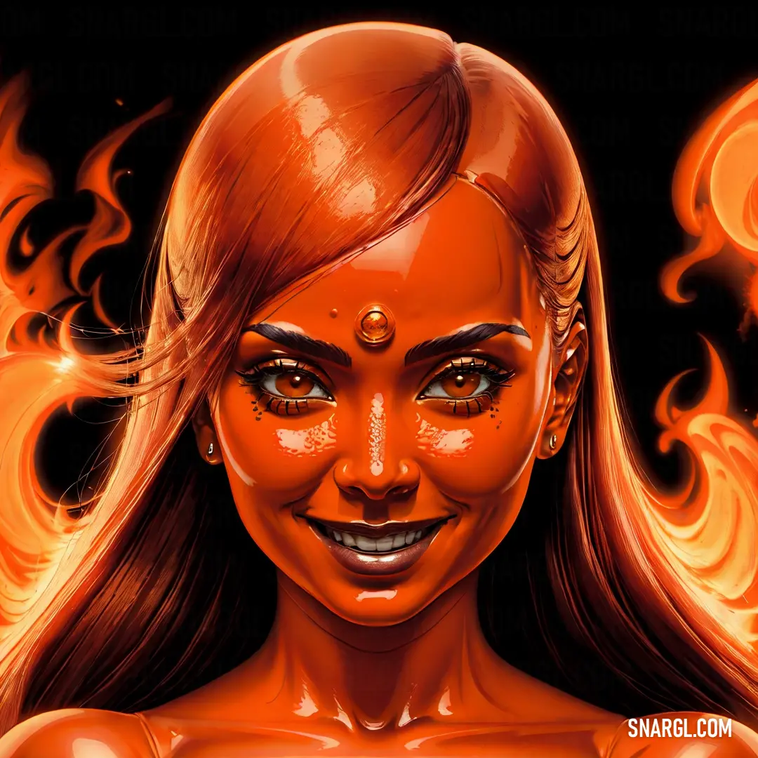 Woman with a red hair and a piercing on her head is smiling at the camera with flames behind her