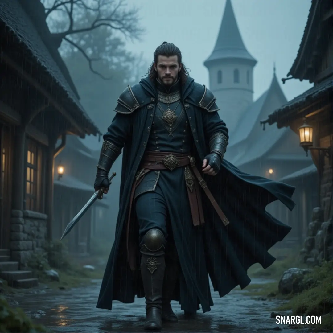 Sir Alastair in a dark outfit, sword in hand, walking through a mysterious village under the cover of night. A lone figure, Sir Alastair, dressed in a sleek black outfit with a sword by his side, walks a dimly lit village path at night, his long coat trailing behind him.
