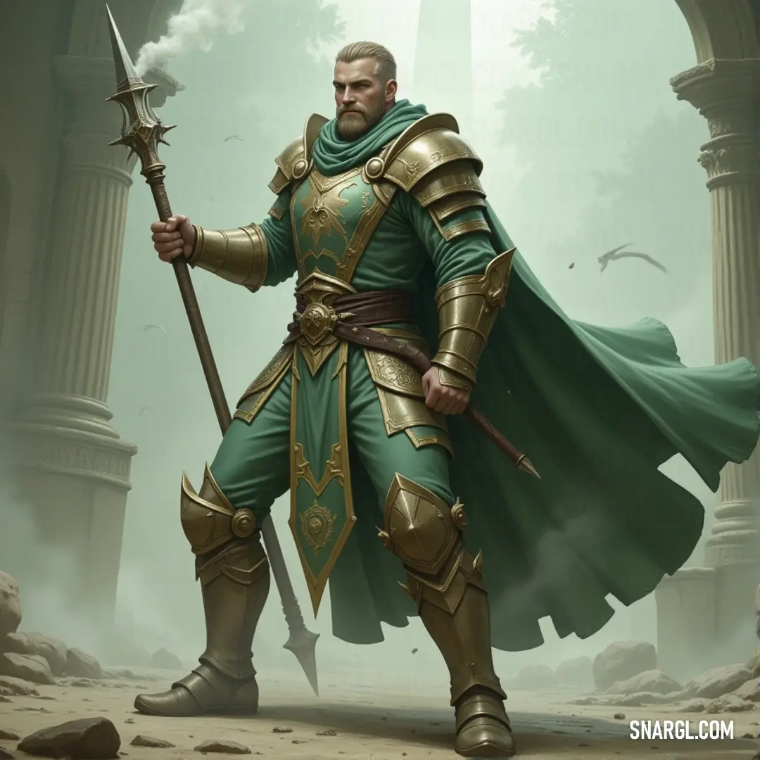 A brave knight in a striking green outfit, sword drawn, standing resolutely as if awaiting his next battle in the vast open land. A knight in a vibrant green outfit holds his sword confidently in the open air, standing ready for any challenge. His posture exudes strength and determination, prepared for whatever lies ahead.
