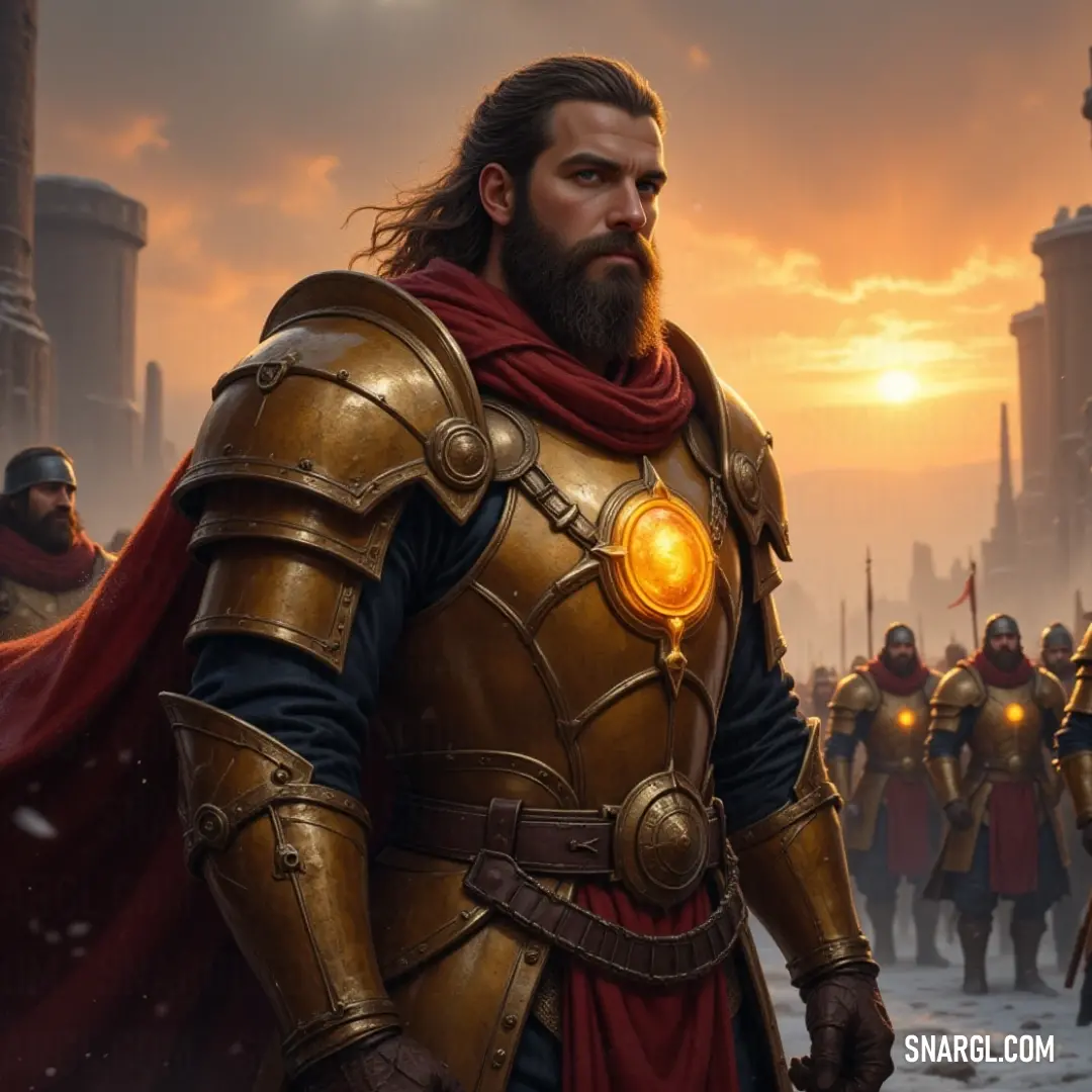 A knight in gleaming armor raises his sword proud, flanked by armored companions, their torches illuminating the night and showcasing a fierce defense against the looming shadows. A valiant knight in shimmering armor stands unwavering with a sword raised, flanked by a band of stout warriors, all holding torches that flicker brightly against the encroaching darkness.