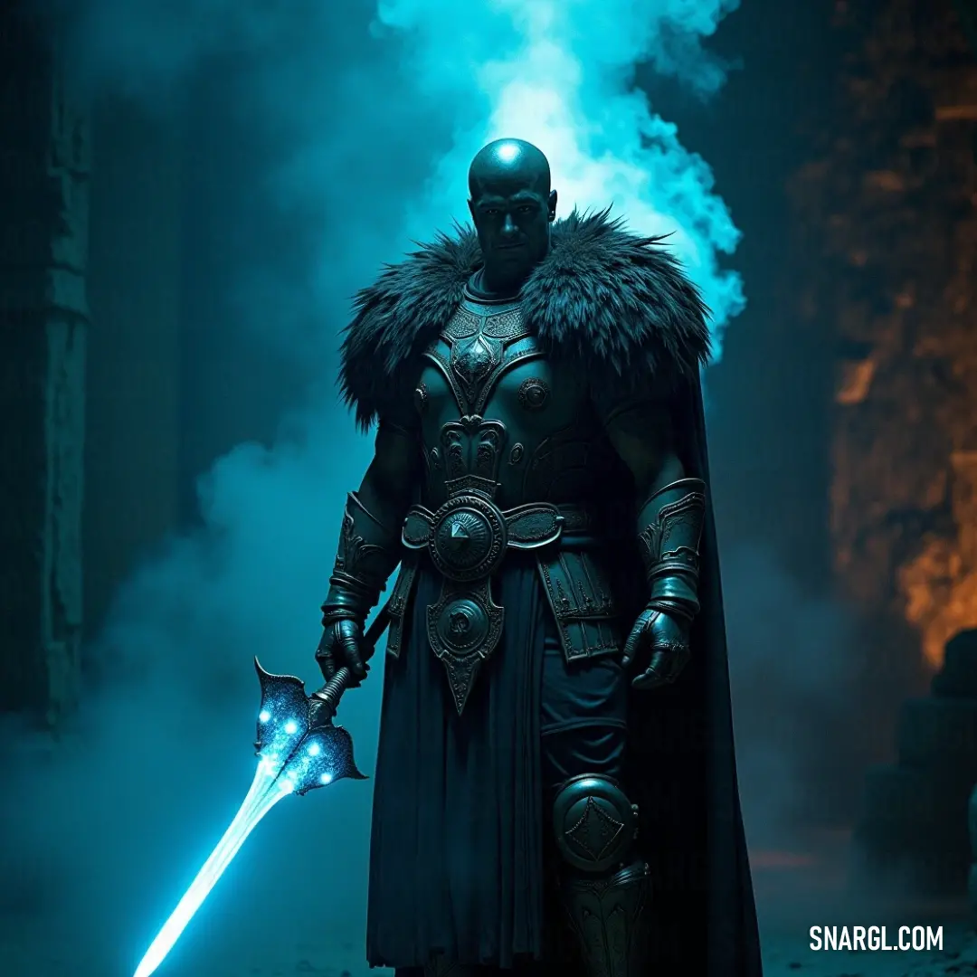 A valiant knight named Caradoc stands in a dimly lit chamber, wielding a sword as thick smoke swirls around him, creating an atmosphere of intrigue and heroism. A valiant knight named Caradoc stands dramatically in a dimly lit chamber, clad in ornate armor, wielding a gleaming sword as tendrils of thick smoke swirl around him, evoking an aura of mystery and valor.