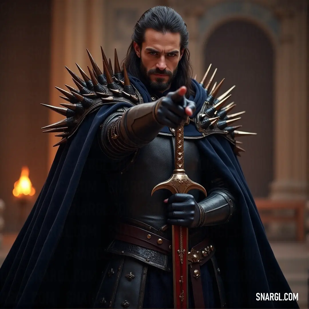 Sir Darius stands tall in a black outfit with a sword strapped to his side. His cape billows behind him as he prepares to embark on an epic adventure, his stoic expression showing the weight of his duties.
